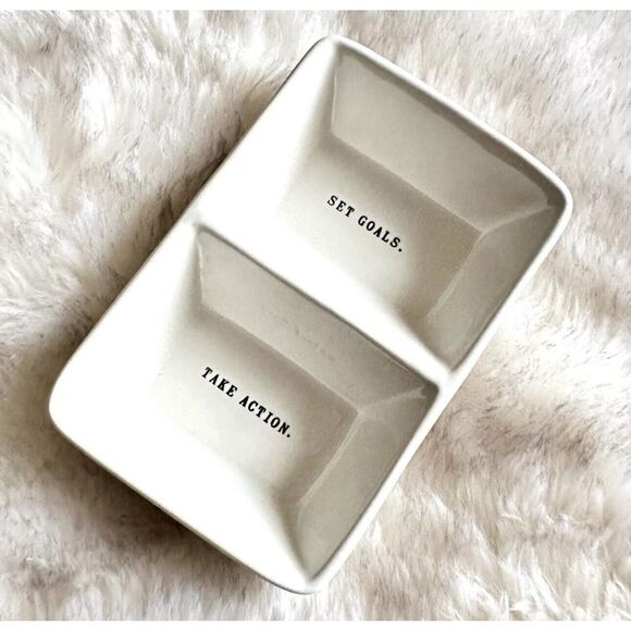 Rae Dunn "Set Goals, Take Action Divided Dish Trinket Tray Jewelry 4.5 x 7 - Picture 1 of 3